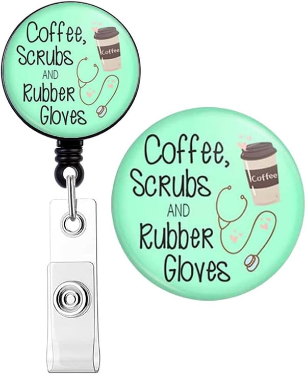Cute Nure Badge Reel, Retractable ID Badge Holder with Alligator Clip, Crystal Coffee Pattern for Nurse Medical Worker
