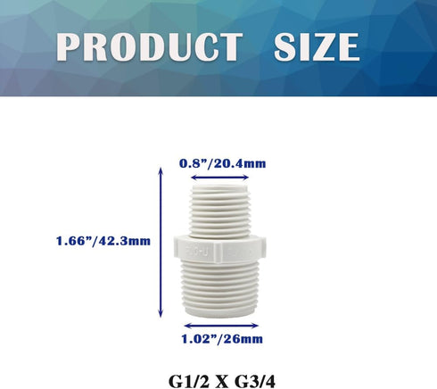 10PCS 1/2" to 3/4" PVC Pipe Fittings Nipple G1/2 X G3/4 Male to Male Thread Coupling Hex Straight Adapter Connector