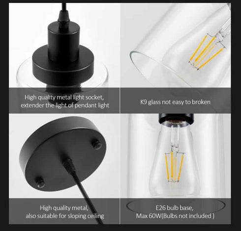3-Pack Industrial Pendant Lights, Modern Clear Glass Shade Pendant Lighting, Black Pendant Light Fixtures Ceiling