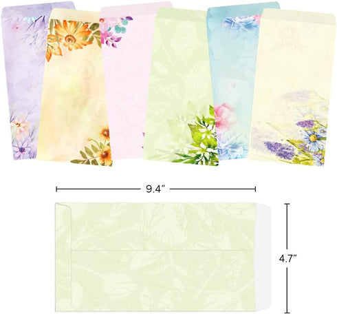 Paper Master Envelope Set, 12 Packs of Flora Letter Envelopes, Decorated Printer Stationery, 9.7x4.7 inches