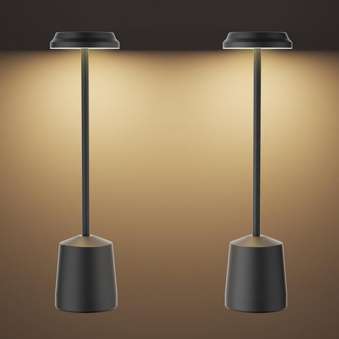Set 2, 5000mAh 3 Dimming Aluminum LED Cordless Table Lamps of Portable Rechargeable Battery Operated Black Table Light