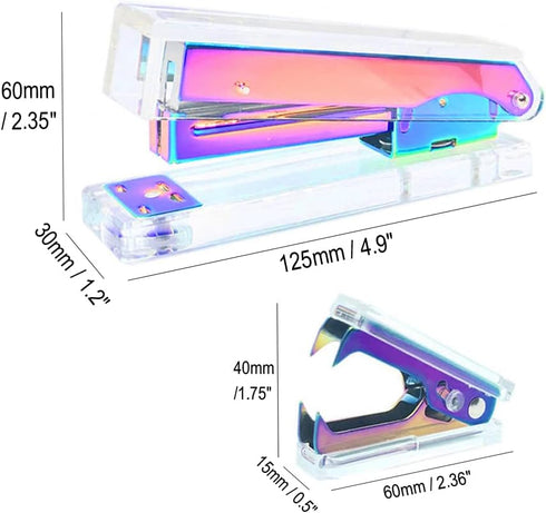 Office Stapler Staples Remover Set, Clear Acrylic Metallic Rainbow Tone Desk Executive Manual Staplers and Staple Remover Tool for Desktop Accessories Supplies (Clear & Rainbow) by MEI YI TIAN