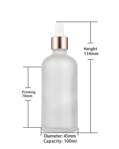 100ml/3.4oz Frosted Glass Dropper Bottles, 2 Pack Essential Oil and Perfume Sample Containers with Rose Gold Lids
