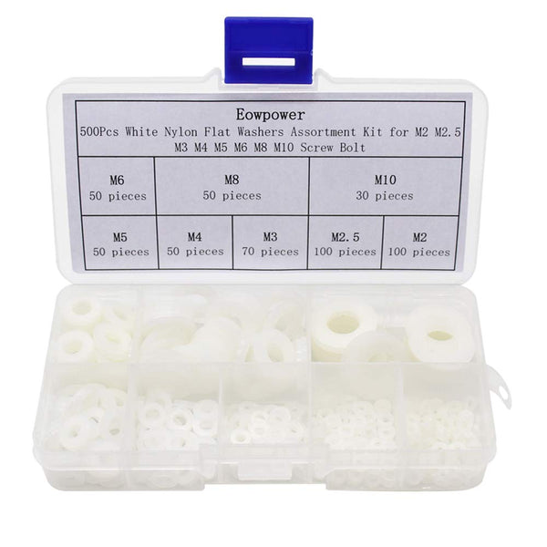 Eowpower 500 Pieces White Nylon Flat Washers Assortment Kit for M2 M2.5 M3 M4 M5 M6 M8 M10 Screw Bolt