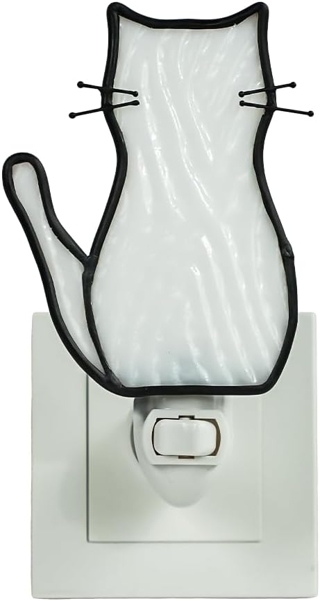 BOXCASA White Cat Night Light, Stained Glass Lamp, Warm Yellow Plug-In Night Light for Living Room, Bedroom, Hallway