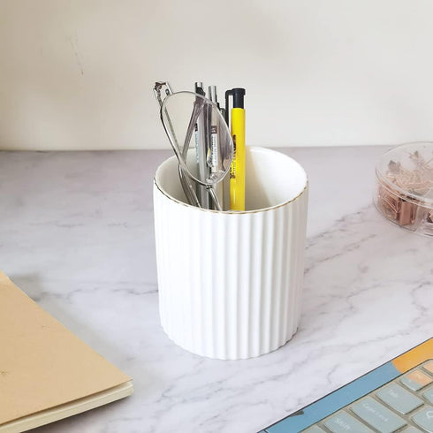 Pen Holder for Desk, Ceramic Pencil Cup, Makeup Brush Organizer, White