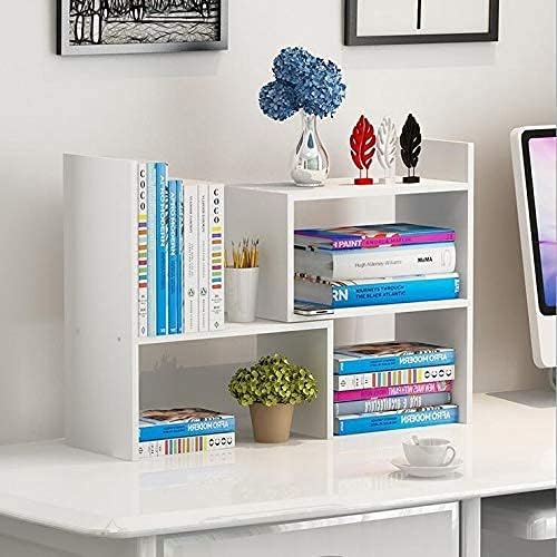 infini Desktop Bookshelf, White Wooden Adjustable Display Shelf for Office Storage, Multifunctional Small Bookshelf