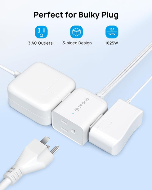 TROND Flat Extension Cord, 6ft with 360 Rotating Plug, Low Profile Power Strip, 3 Way Plug Extension for Indoor