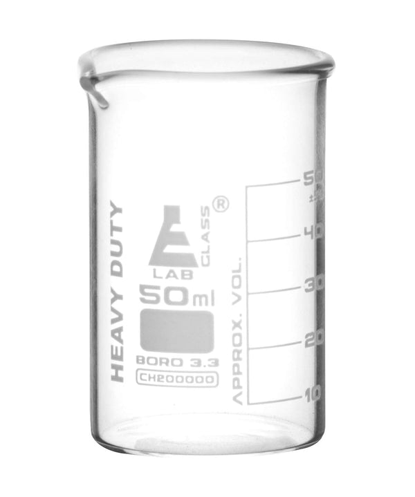 EISCO Heavy Duty Beaker, 50ml, 2.2mm Thick, Borosilicate 3.3 Glass with White Graduations for Superior Durability