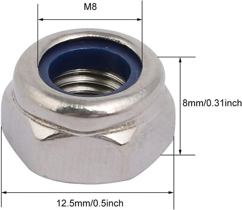 M8 x 1.25mm Nylon Insert Hex Lock Nuts, Stainless Steel Lock Nut Assortment Kit, 100PCS