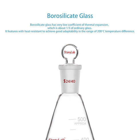 stonylab Glass 24/40 Erlenmeyer Flask with Stopper, 500 ml Borosilicate Glass Heavy Wall Flask with 24/40 Joint
