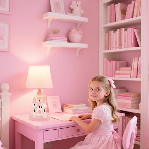Ecliptix 14 Inch Bulb Kids Table Lamp, Adorable Castle Style Kids Desk Lamp, Pink Bedside Lamp Ideal for Girls Bedroom