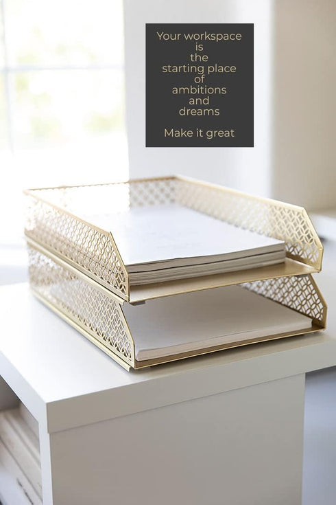 Gold File Organizer Office Inbox, Gold Paper Tray Set of 2 Stackable Letter Trays for Desk Organizer File Baskets