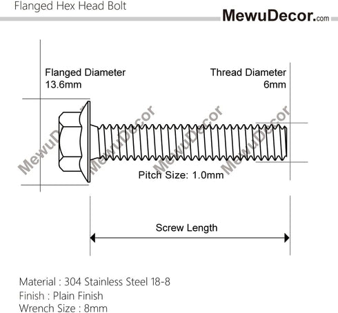 M6-1.0 x 16mm Flanged Hex Head Bolts - Stainless Steel 18-8 (304), Plain Finish, 25 PCS