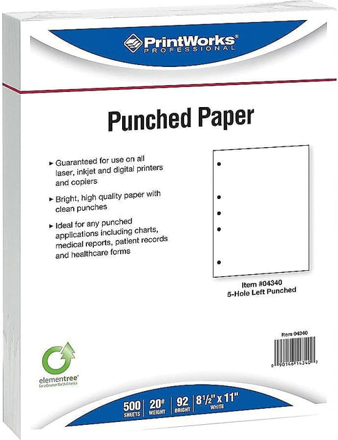 PrintWorks Professional Pre Punched Paper, 5 Hole Punch Left For 2 Ring & 3 Ring Binders & Side Fastener File Folders, 8.5 x 11, 20 lb., 500 Sheets (04340), White, 5-Hole Left Punched by PrintWorks