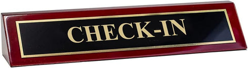 Piano Finished Rosewood Standard Engraved Desk Name Plate 'Check-in', 2" x 8", Black/Gold Plate