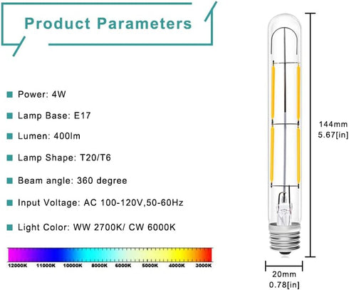 Bonlux 4W LED T6.5 Tubular Filament Bulb, E17 Intermediate Base, 40W Incandescent Equivalent, 4-Pack