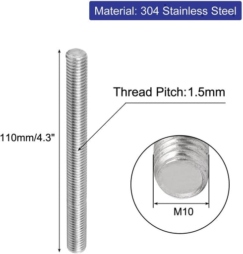 uxcell M10 x 110mm 1.5mm Pitch 304 Stainless Steel Fully Threaded Rods, 5 Pcs