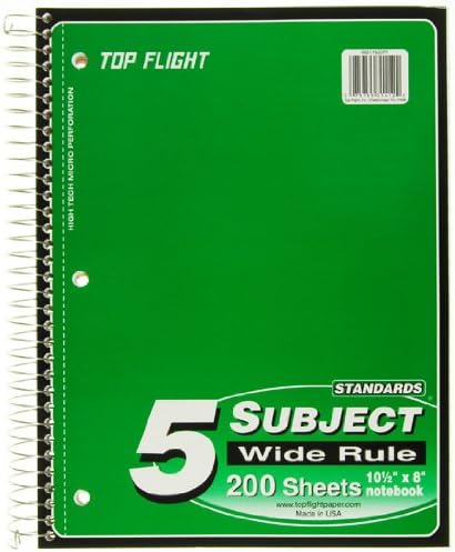 Top Flight Standards 5-Subject Wirebound Notebook, 200 Sheets, 3-Hole Punched, Wide Rule, 10.5 x 8 Inches, Color May