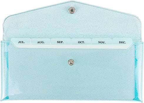 Cash Envelope Wallet with 6pcs Divider and 2pcs Tab Stickers - Reusable Budget Envelopes, Blue Glitter PVC Organizer
