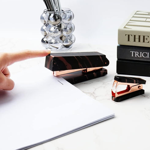 Office Stapler Set, Marble Black Print Rose Gold Tone Manual Staplers and Staples Remover Tool for Desktop Accessories