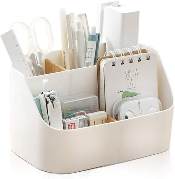 Desk Organizer with 5 Compartments, Office Supplies and Accessories, Makeup Brush Holder, Movable Wooden Partition