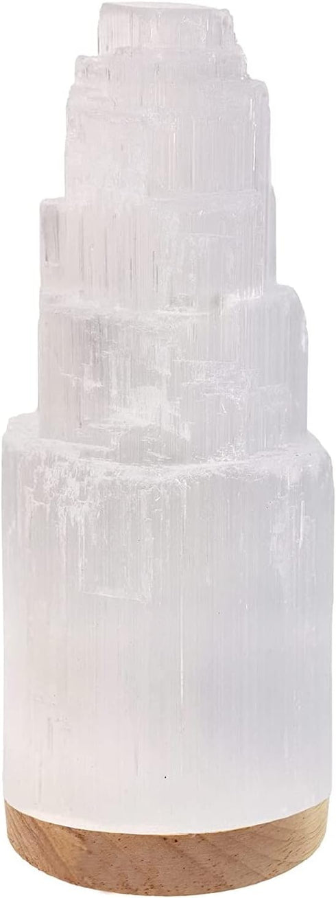 Selenite Crystal Lamp, 20 cm Tall, High Energy Skyscraper Lamp with Wooden