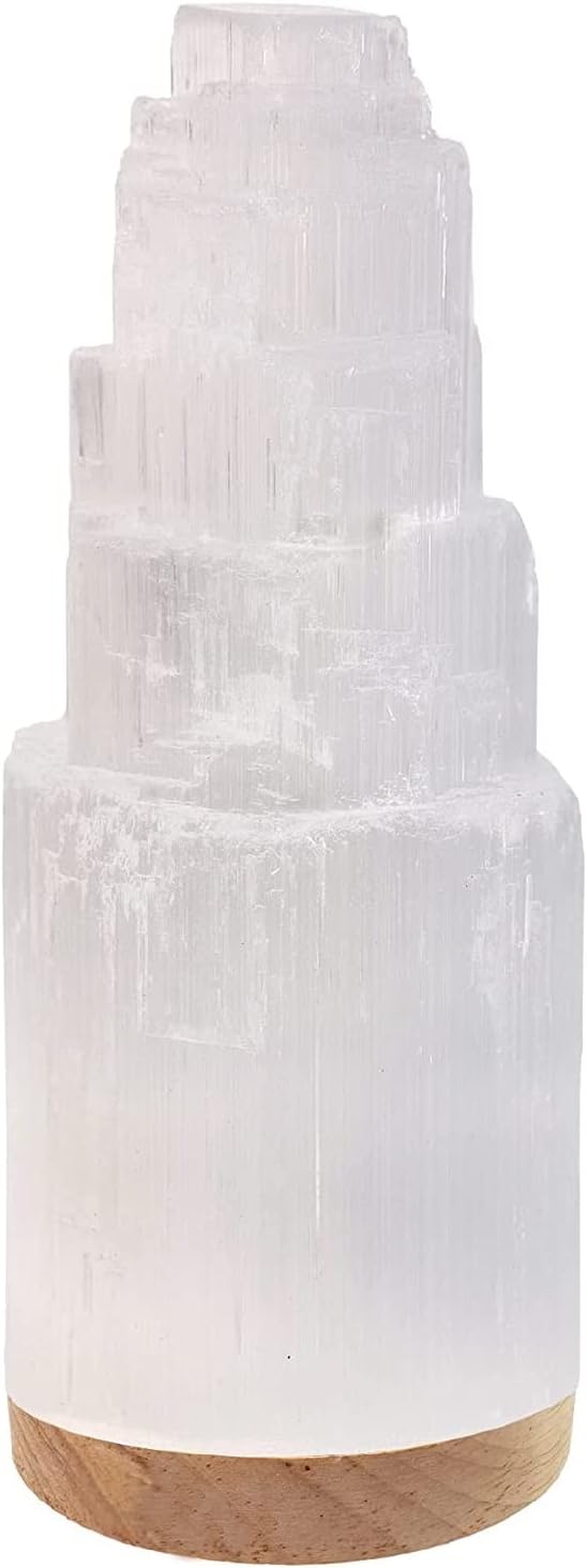 Selenite Crystal Lamp, 20 cm Tall, High Energy Skyscraper Lamp with Wooden