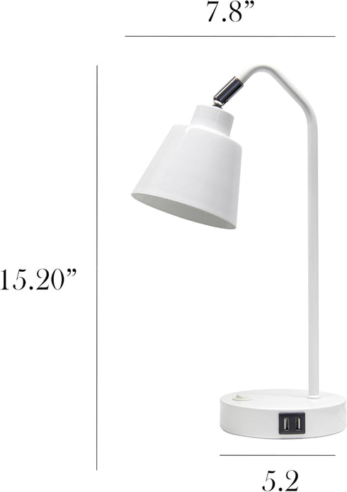 LD1071-WHT 16" Simple Designs Sleek Essentials Adjustable Metal Desk Task Lamp with Dual USB Ports, for Office, Desk