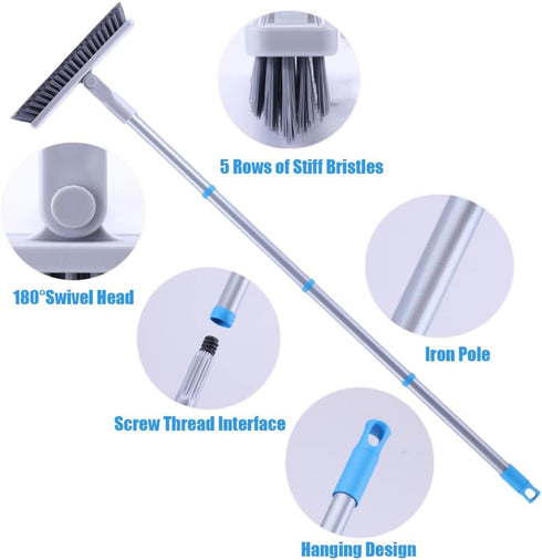 Grout Brush with Long Handle, Heavy Duty Cleaner Brush for Tile Floors and Shower, Swivel Stiff Bristles