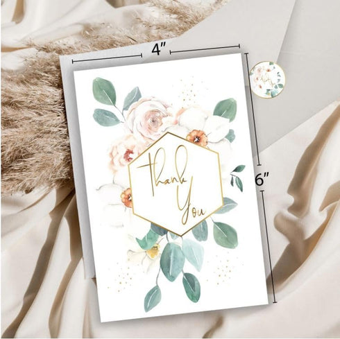 WHOLISTIC JOY 48 Set Thank You Cards Bulk with Envelopes & Stickers Eucalyptus Greenery, Gold Foil, Blank Inside