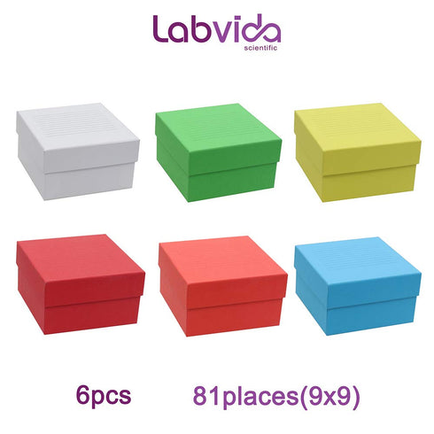 6 Color Cardboard Freezing Storage Boxes, 81 Holes Dim.134x134x76mm for Cryotubes of 3 inches, White Blue Red Yellow Orange Green, LVK002