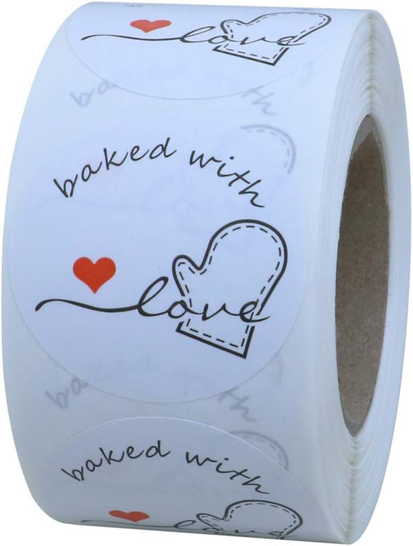 Hybsk Rustic Baked with Love Stickers, 1.5" Inch Round Adhesive Labels (Total 500 Per Roll, Glossy)