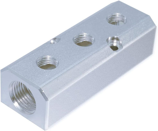 Beduan 3 Way 5 Port Aluminum Air Hose Inline Manifold Block Splitter - 1/2"NPT Input, 1/4"NPT Output.