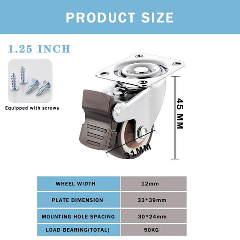 1.25 inch Swivel Caster Wheels Bearing Plate, Rolling Casters for Furniture and Workbench Cart, Set of 4