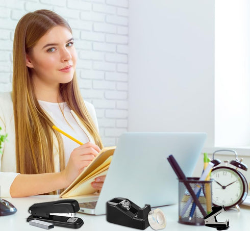Black Office Supplies Set, Stapler and Tape Dispenser for Women, Gift for Boss Lady, Office Clerks