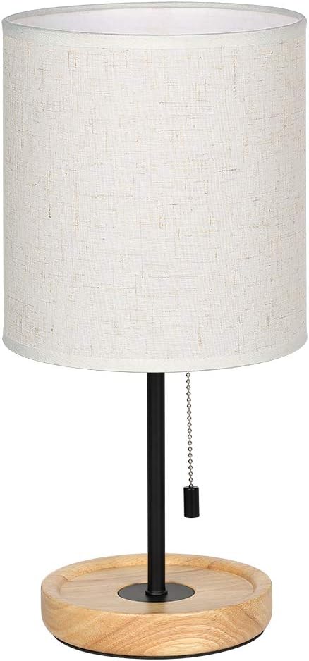 CADUKE Modern Table Lamp, Nightstand Desk Lamp, Bedside Lamp with Wood Base and Linen Shade for Living Room, Bedroom