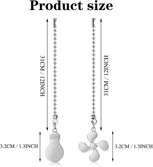 Macuezu 2 12 Inches Bulb PCS Ceiling Fan Pull Chain Extension, Silver Pull Chains, Decorative Metal Light and Fan Cord