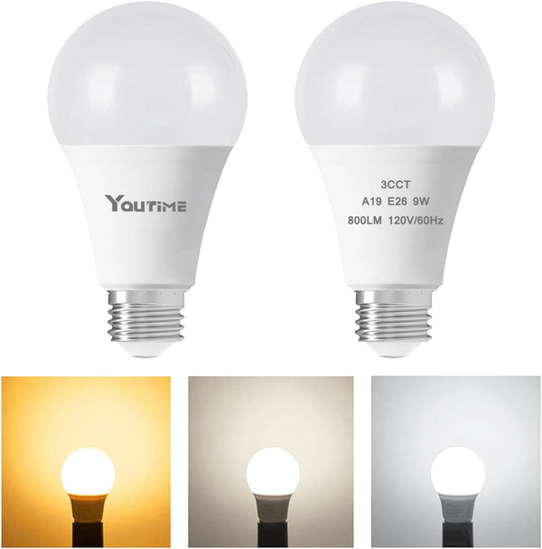 LED Light Bulb A19 3 Color Temperature 3000K-5000K-4000K Energy Saving 9W (60W Equivalent) E26 Base, 2 Pack