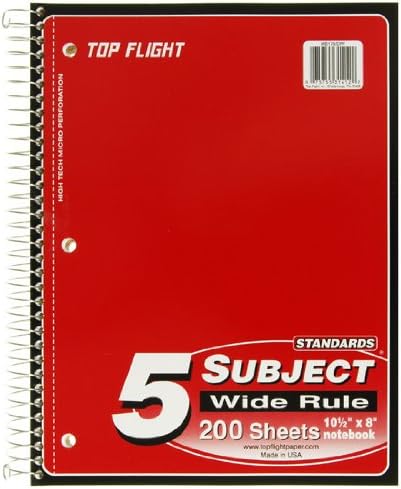 Top Flight Standards 5-Subject Wirebound Notebook, 200 Sheets, 3-Hole Punched, Wide Rule, 10.5 x 8 Inches, Color May