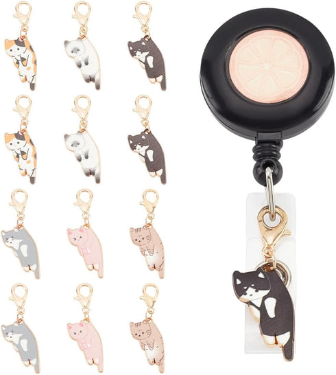 WEBEEDY 12 Pieces Enamel Badge Reel Charm - 6 Colors Cat Animal Badge Holder Charms for ID Card