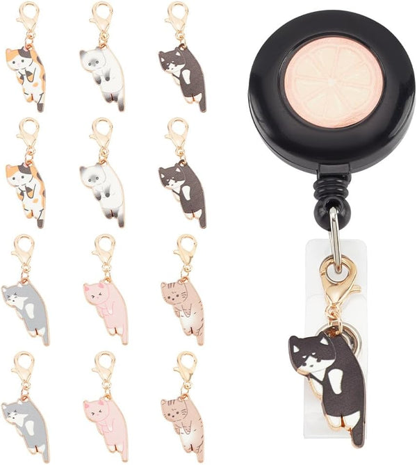 WEBEEDY 12 Pieces Enamel Badge Reel Charm - 6 Colors Cat Animal Badge Holder Charms for ID Card