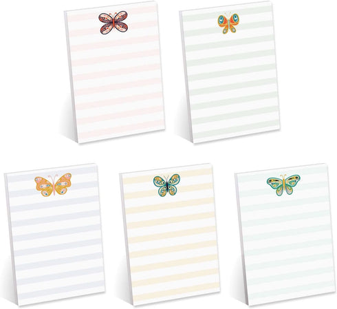 Folk Butterfly Sticky Note Pad Set of 5 / 4" x 6" Pastel Whimsical Note Pads / 50 Sheets Each / Made in USA