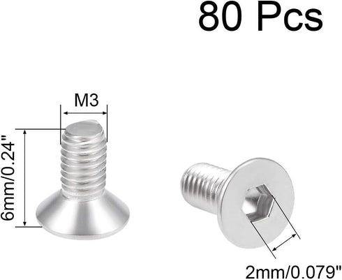 uxcell 80Pcs M3x6mm Flat Head Machine Screws, Inner Hex Screw 304 Stainless Steel Fasteners Bolts