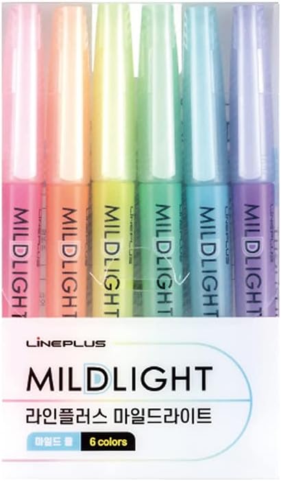 LINEPLUS Mildlight Highlighter Cool 6-Color Set, Soft Pastel Colors for Note-taking and Studying