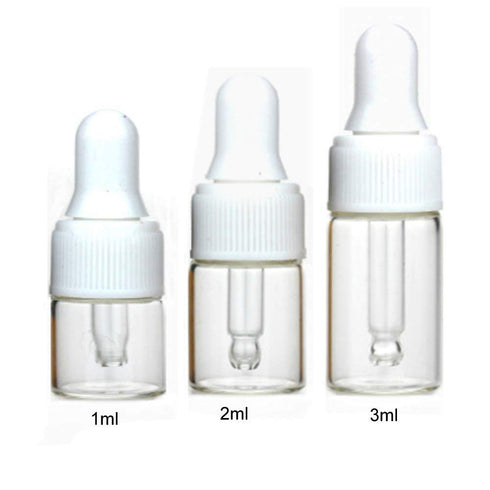 100Pcs 1ml Clear Mini Cute Glass Dropper Bottles with Eye Dropper Dispenser for Essential Oil, White Cap