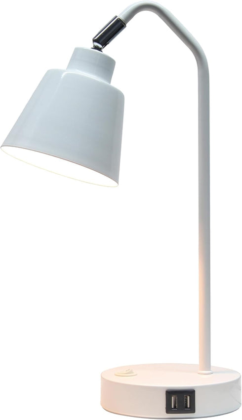 LD1071-WHT 16" Simple Designs Sleek Essentials Adjustable Metal Desk Task Lamp with Dual USB Ports, for Office, Desk