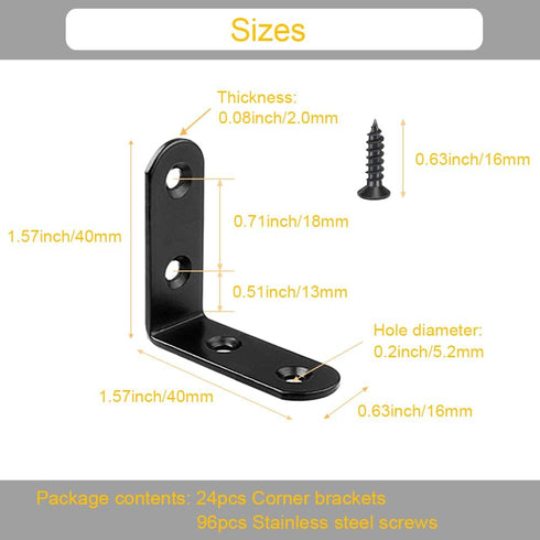 24Pcs 40x40mm 90 Black L Bracket Corner Braces Stainless Steel Small Shelf Bracket for Wood, Shelves, Wall Hanging