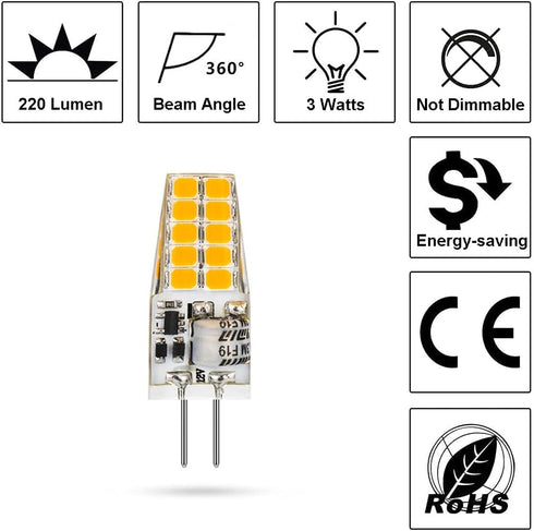10 Pack G4 LED Bulb 3W, 12V, 20W G4 Halogen Equivalent, Warm White 3000K, JC G4 Bi-Pin Base, Not Dimmable