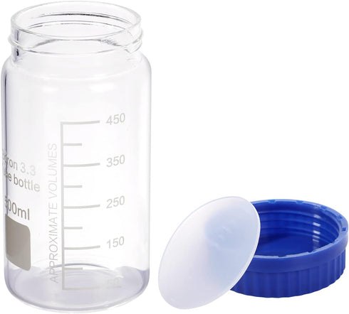2 Pack 500 mL Wide Mouth Graduated Borosilicate Glass Bottle with GL70 Blue Polypropylene Screw Cap